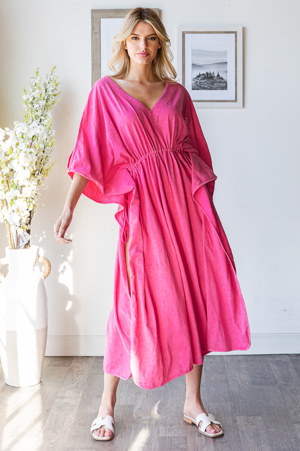 WASHED V NECK RUCHED WAIST COLD SHOULDER MAXI TOP