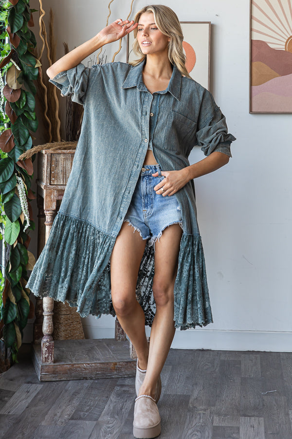 WASHED FLARE RUFFLE LACE HEM MIDI SHIRT DRESS