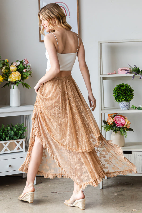 LAYERED IRREGULAR LACE FLARE MIDI SKIRT