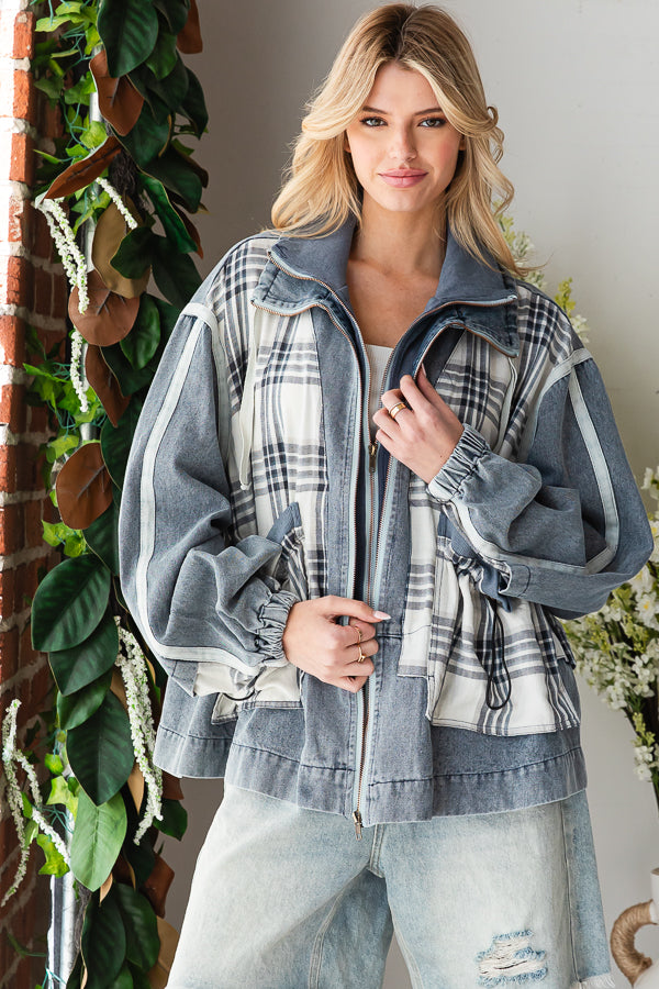 WASHED DENIM PLAID MIXED LAYERED ZIP UP JACKET