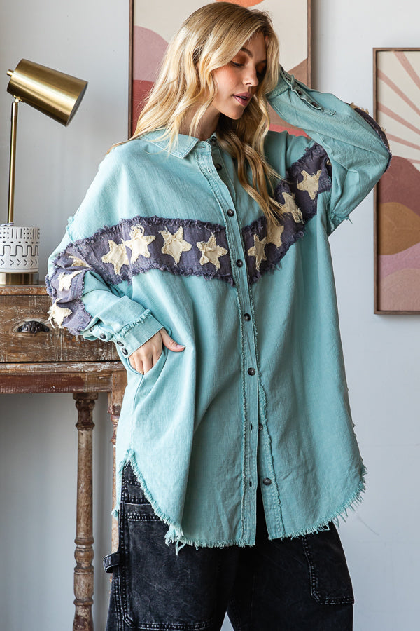 WASHED STAR PATCHWORK BUTTON DOWN SHACKET