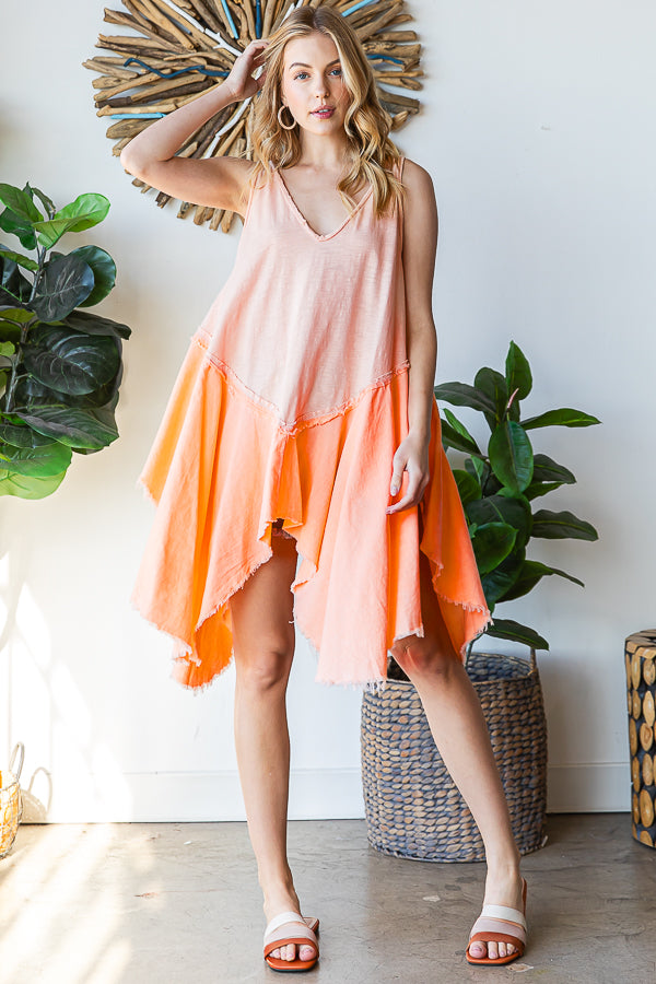 WASHED MIX MEDIA ASYMMETRICAL HEM TUNIC DRESS