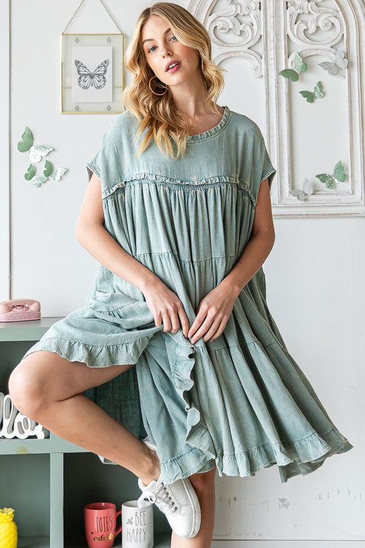 WASHED TIERED RUFFLE HEM BABYDOLL MINI DRESS