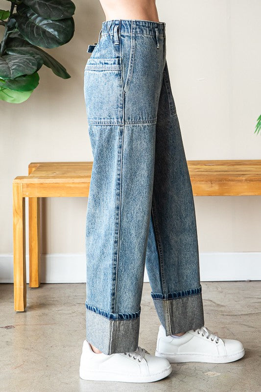 WASHED WIDE LEG STRAIGHT DENIM PANTS