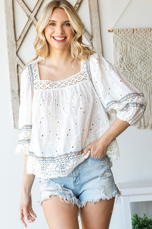 WASHED EYELET LACED BABYDOLL TOP