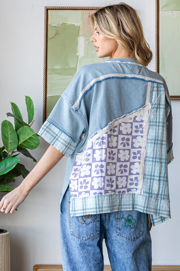 WASHED PRINTED MIX MEDIA SHORT SLEEVE TOP