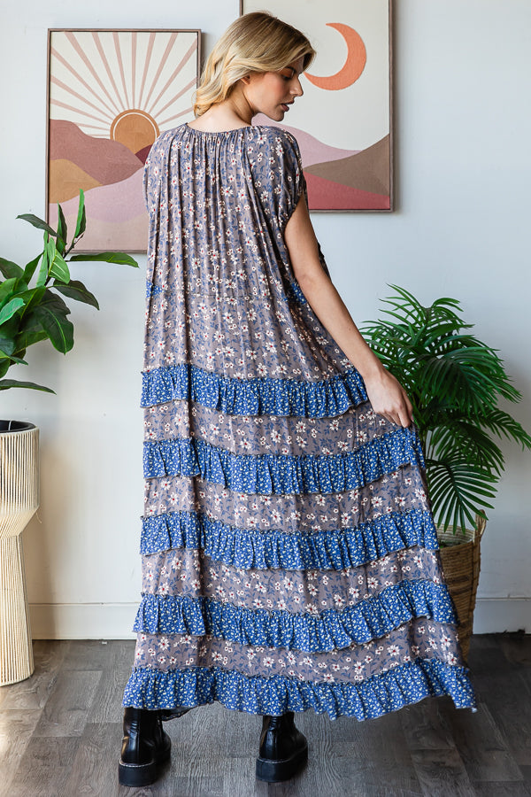FLORAL PRINTED LAYERED RUFFLE MAXI DRESS