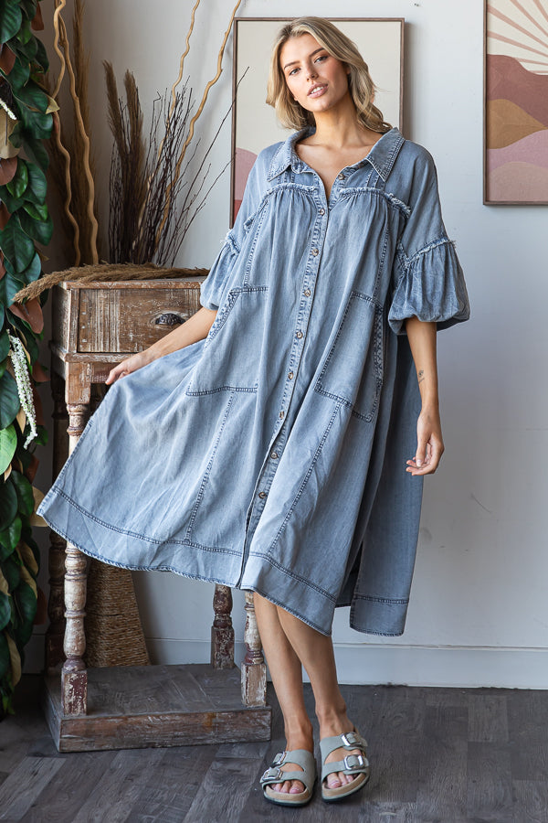 WASHED BUBBLE SHORT SLEEVE TENCEL SHIRT MIDI DRESS