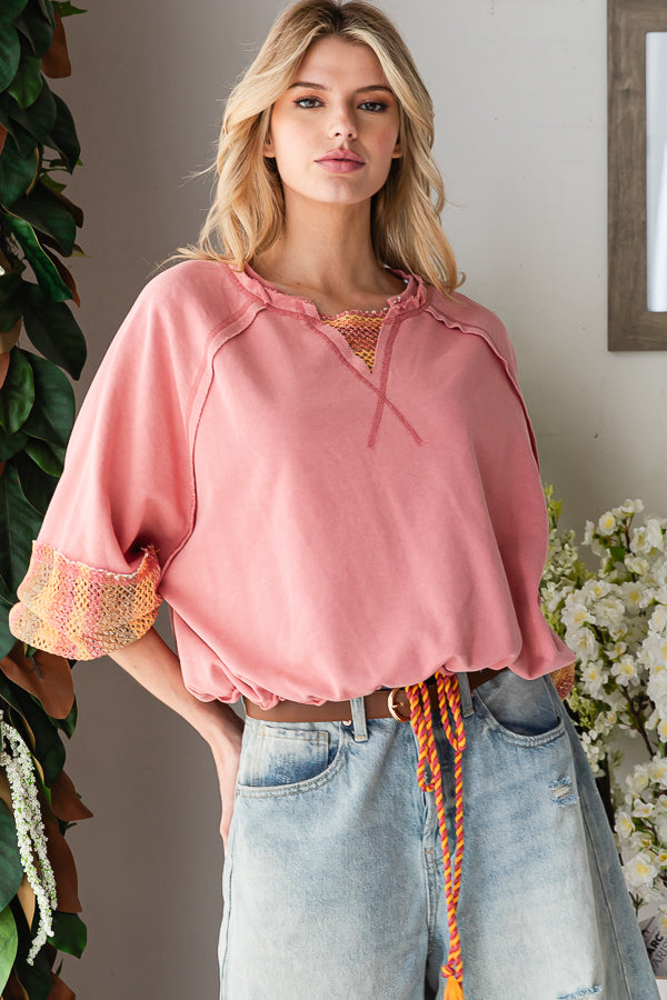 WASHED MESH SLEEVED FRENCH TERRY PULLOVER