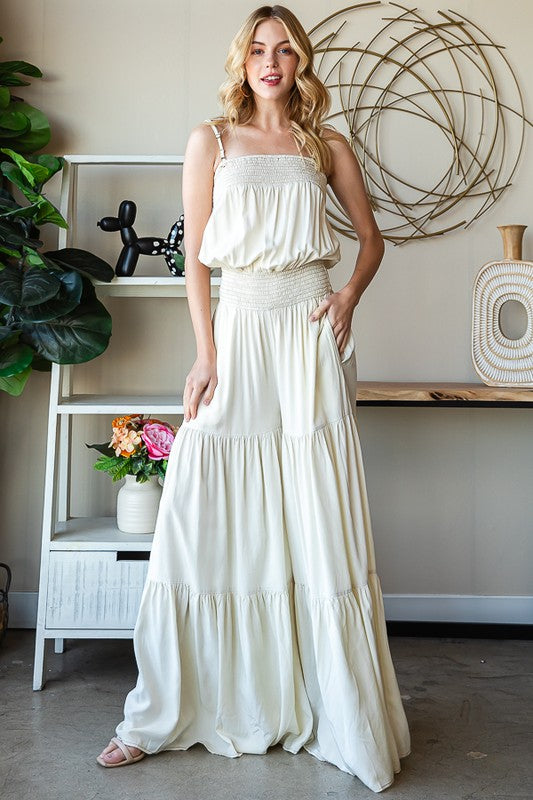 WASHED TIERED SMOCKED WAIST WIDE LEG JUMPSUIT