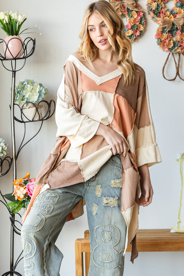 WASHED COLORBLOCK WIDE V NECK OVERSIZED TOP