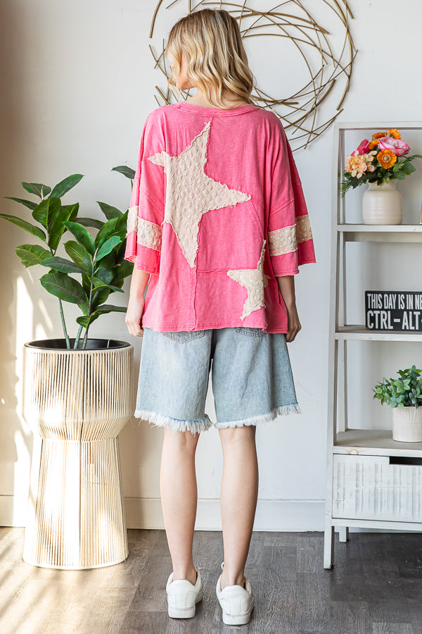 WASHED STAR PATCHWORK SHORT SLEEVE TOP