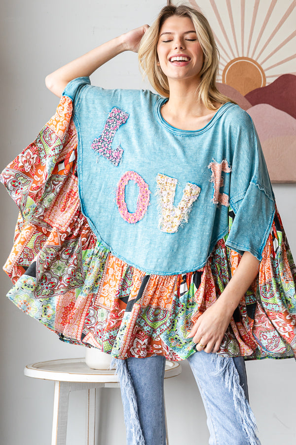 WASHED ROUND NECK LOVE PATCHWORK RUFFLE HEM TOP