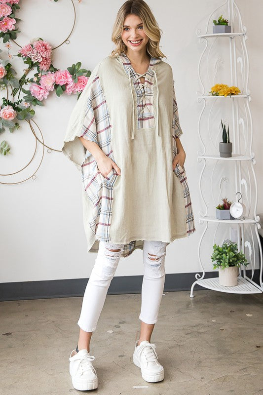 WASHED PLAID MIXED HOODED OVERSIZED TUNIC TOP