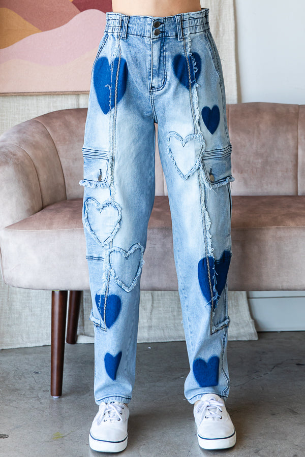 WASHED HEART DETAIL MID RISE STRETCH DENIM JEANS