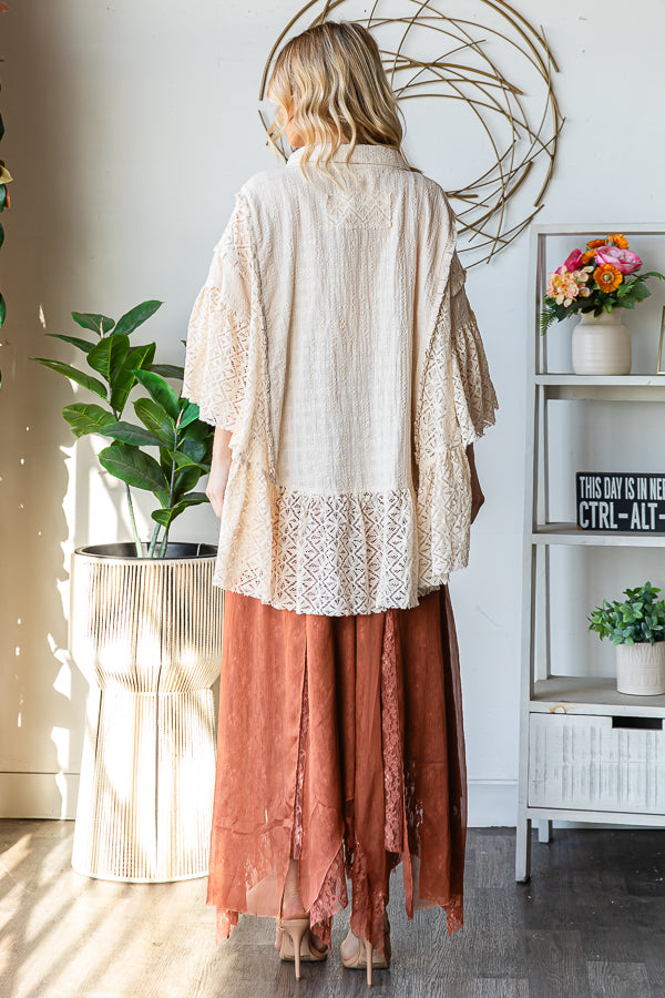 WASHED LACE RUFFLE HEM BUTTON FRONT SHIRT