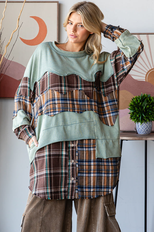 WASHED PLAID PATCHWORK TUNIC LONG SLEEVE TOP