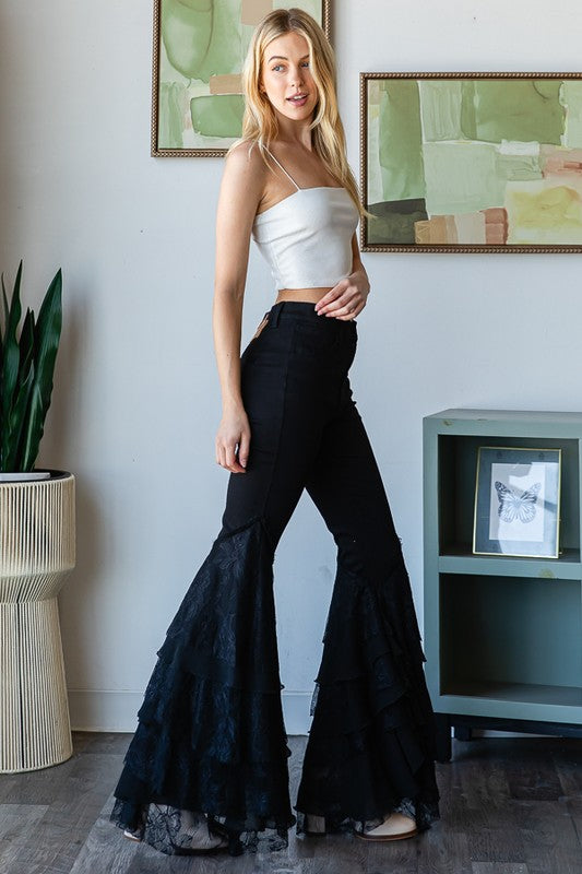 MULTI LAYER LACE FLARE HEM DENIM JEANS