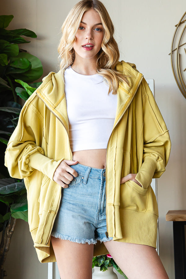 WASHED HOODED ZIP FRONT JACKET