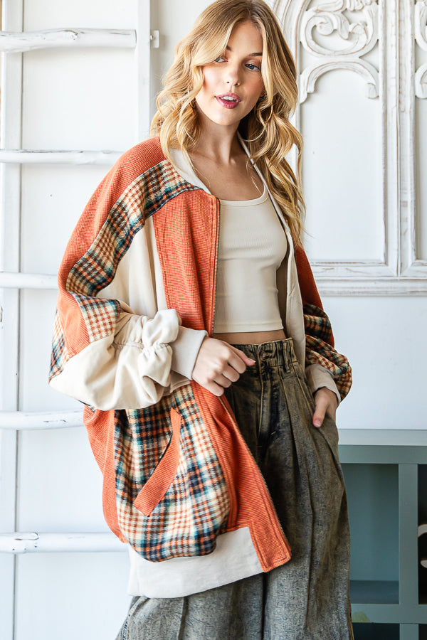 WASHED COLORBLOCK ZIP FRONT BOMBER TERRY JACKET