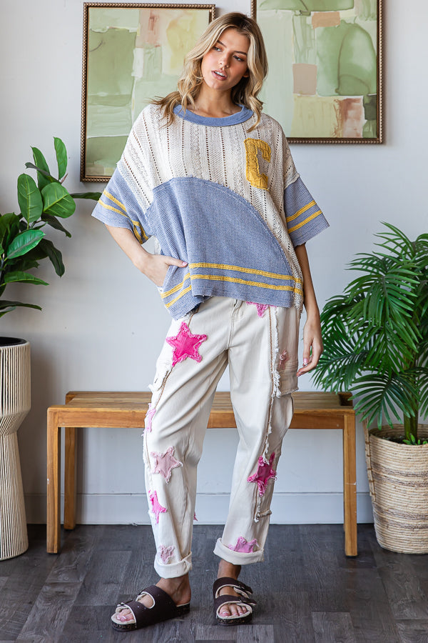 WASHED COLORBLOCK SWEATER KNIT DROP SHOULDER TOP