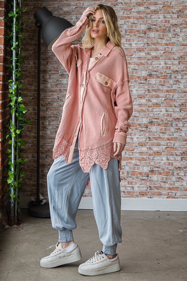 WASHED LACE HEM BUTTON FRONT SHIRT