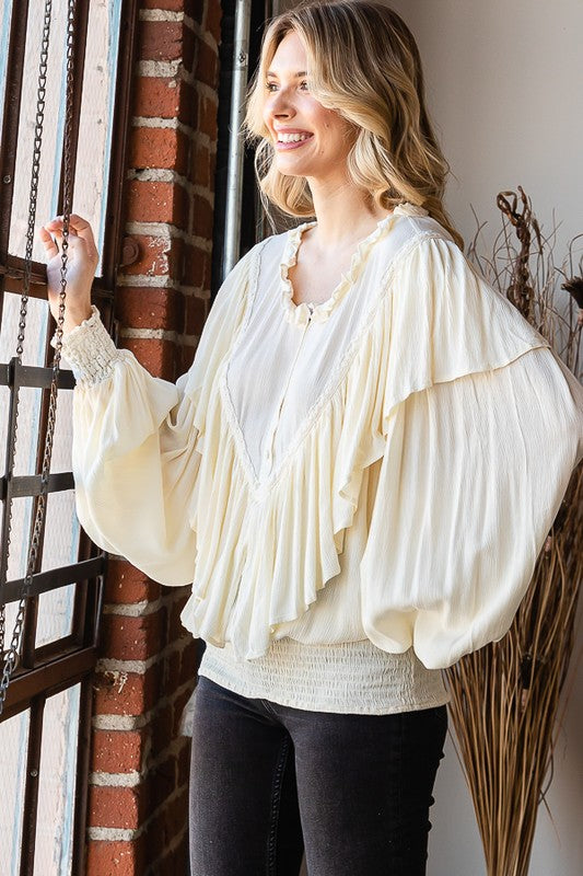 WASHED RUFFLE DETAIL WASHED SMOCKED HEM TOP