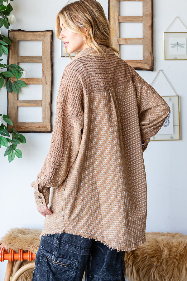 WASHED MIX MEDIA LONG SLEEVE FRAYED HEM SHIRT