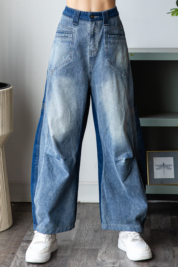 MINERAL WASHED COLORBLOCK CROPPED DENIM JEAN