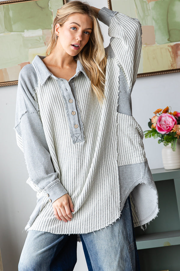 WASHED COLLARED NECK LONG SLEEVE WAFFLE TOP