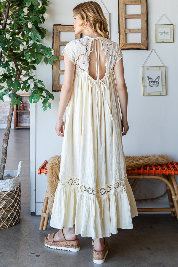 CROCHET YOKE RUFFLE FLARE HEM GAUZE MAXI DRESS