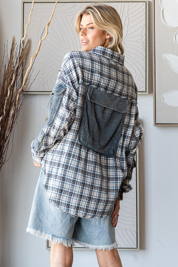 WASHED PLAID CONTRAST 3D POCKETS BUTTON DOWN SHIRT