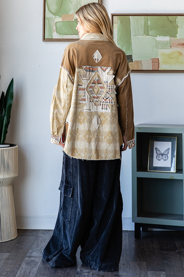 MIXED AZTEC PRINTED BUTTON DOWN SHACKET