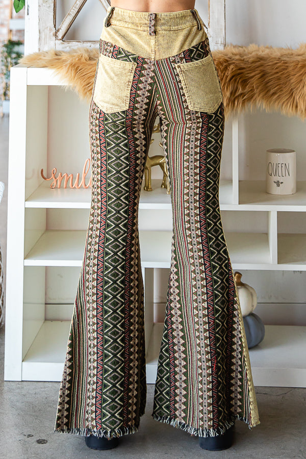 WASHED AZTEC PATTERN BELL BOTTOM CORDUROY PANTS