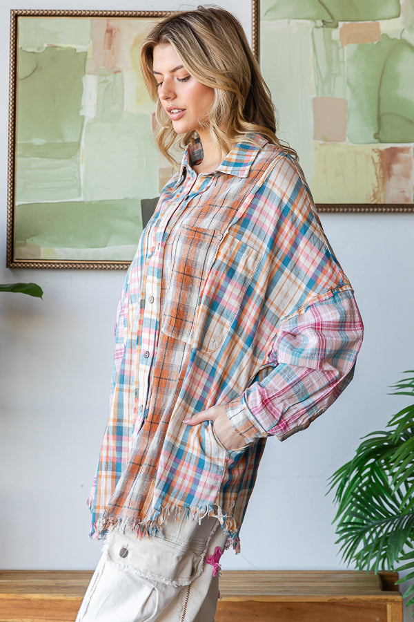 WASHED PLAID MIXED BUTTONDWON SHIRT