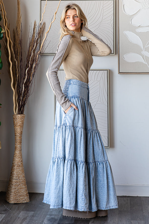 WASHED PRINTED MAXI TIERED SKIRT