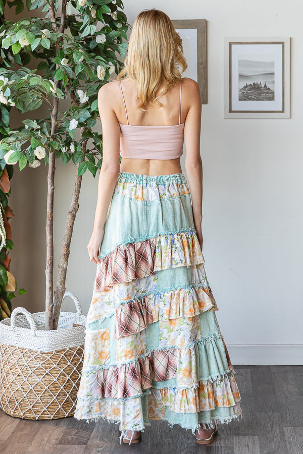 WASHED PLAID FLOWER PATCHWORK SLIT MAXI SKIRT