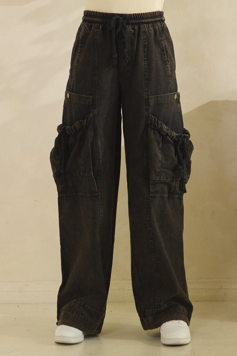 WASHED ELASTIC WAIST STRING POINT BIG POCKET PANTS