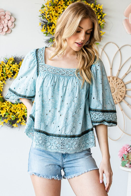 WASHED EYELET LACED BABYDOLL TOP