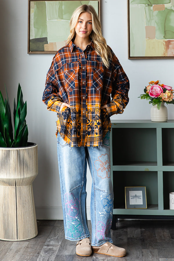 MINERAL WASHED PLAID EMBROIDERED DETAIL SHIRT