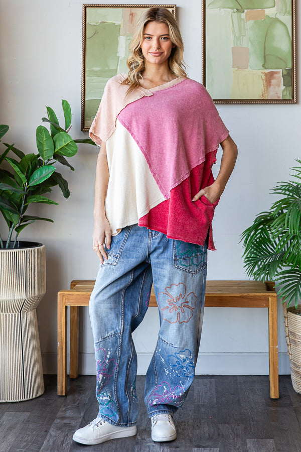 WASHED COLORBLOCK WIDE V NECK SHORT SLEEVE TOP