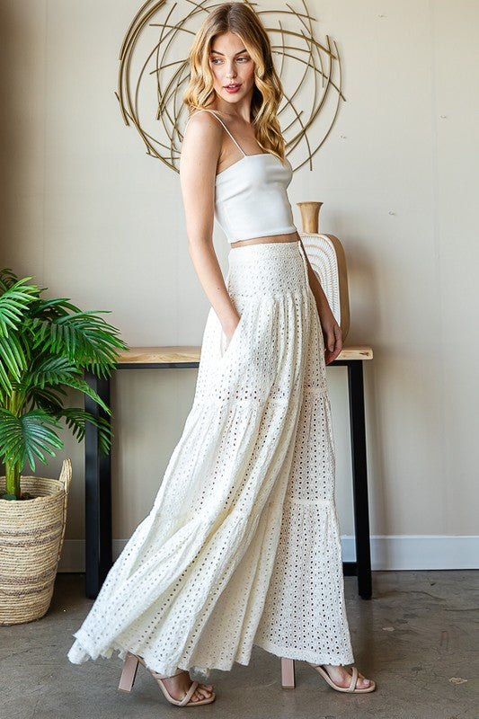 MINERAL WASHED EYELET TIERED MAXI SKIRT