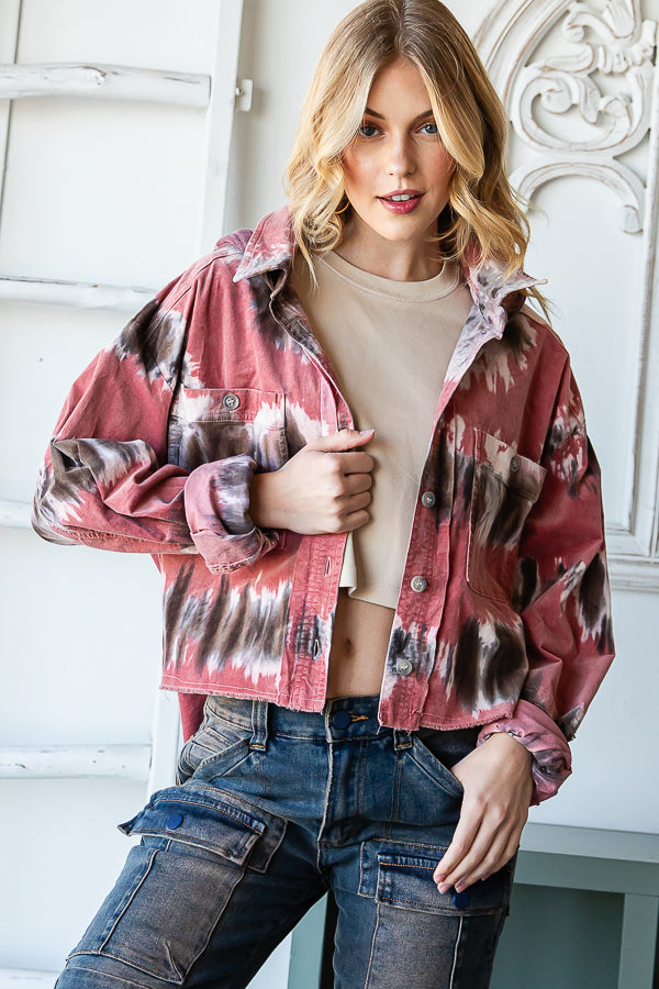 TIE DYE HI-LOW HEM HOODED CORDUROY SHACKET