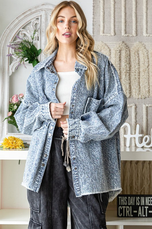 MINERAL WASHED FRONT POCKETS TEXTURE DENIM SHACKET