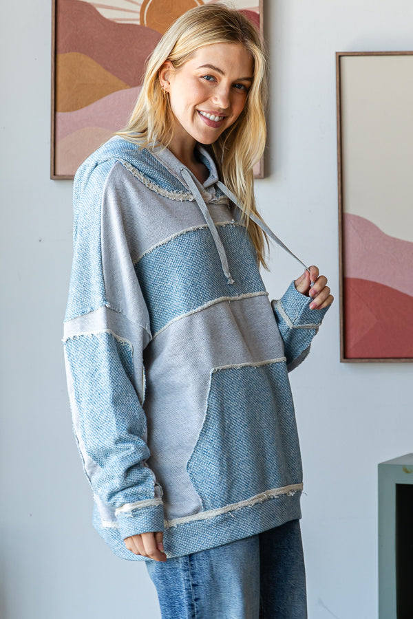 CONTRAST PATCHWORK DRAWSTRING HOODED TOP