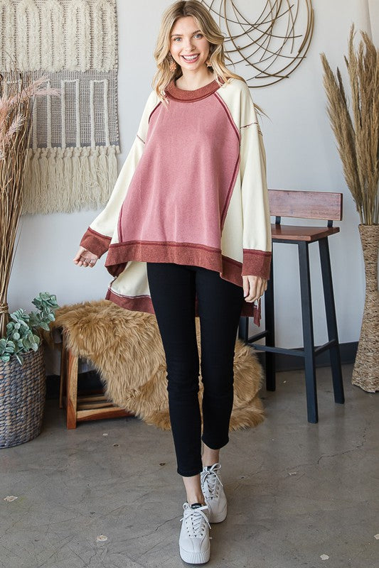 WASHED COLORBLOCK BOXY PULLOVER KNIT TOP