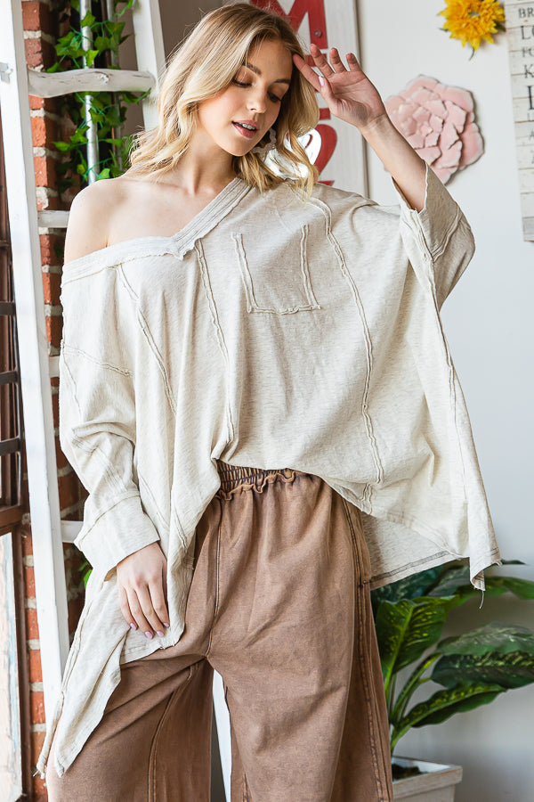 OVERSIZED V NECK SHARKBITE HEM SOFT KNIT TOP