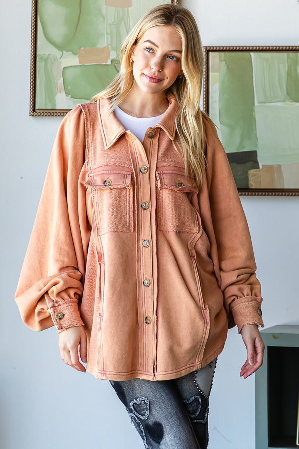 WASHED BALLOON SLEEVE BUTTON FRONT SHIRT JACKET