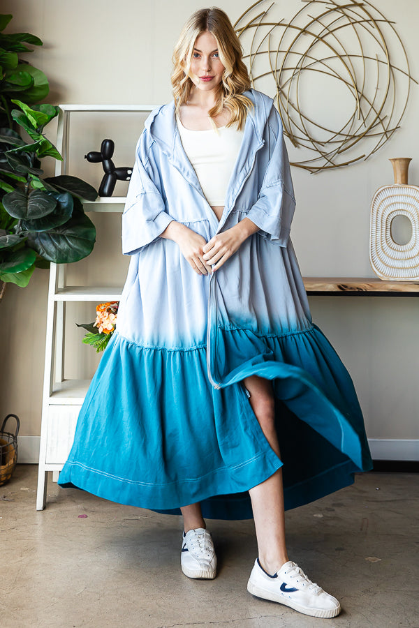DIP DYE SHORT SLEEVE HOODED ZIP UP LONG CARDIGAN