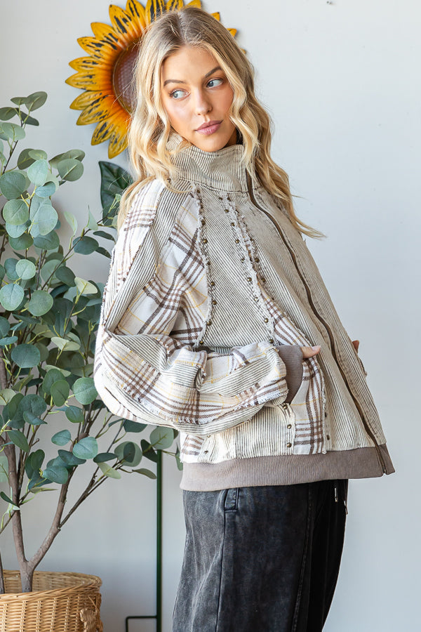 PLAID CONTRAST ZIP CLOSURE CORDUROY JACKET
